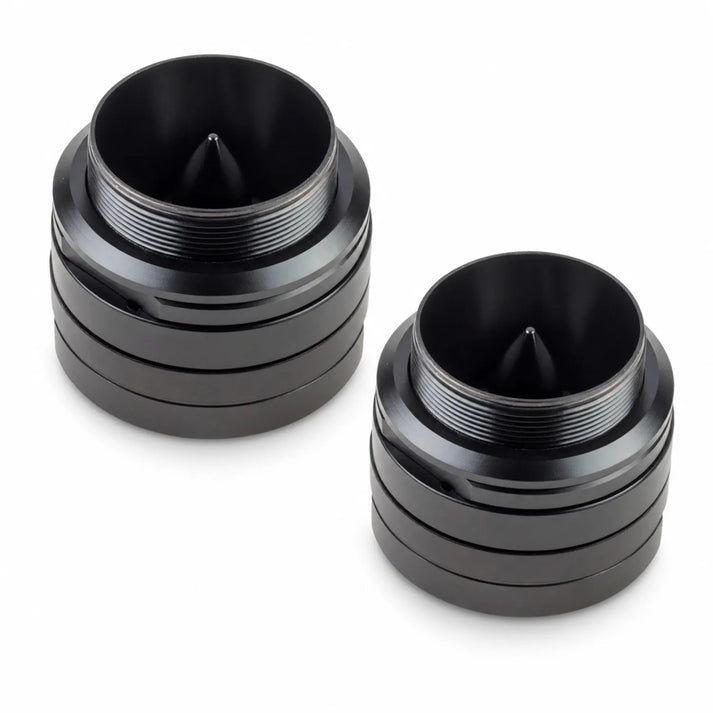 Two black cylindrical Helon HS 30 PA aluminum enclosures by Audio System, featuring threaded tops and stacked bases, on a white background.