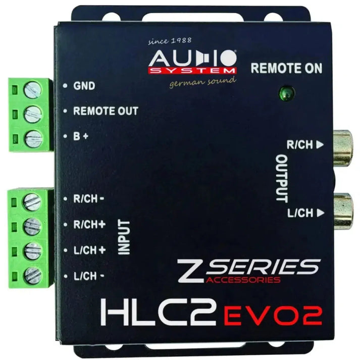 Audio System HLC2 EVO2 Adattatore High-Low con porte etichettate e connettori terminali verdi per radio OEM, ideale per la conversione del segnale audio dellauto e laccensione a distanza.