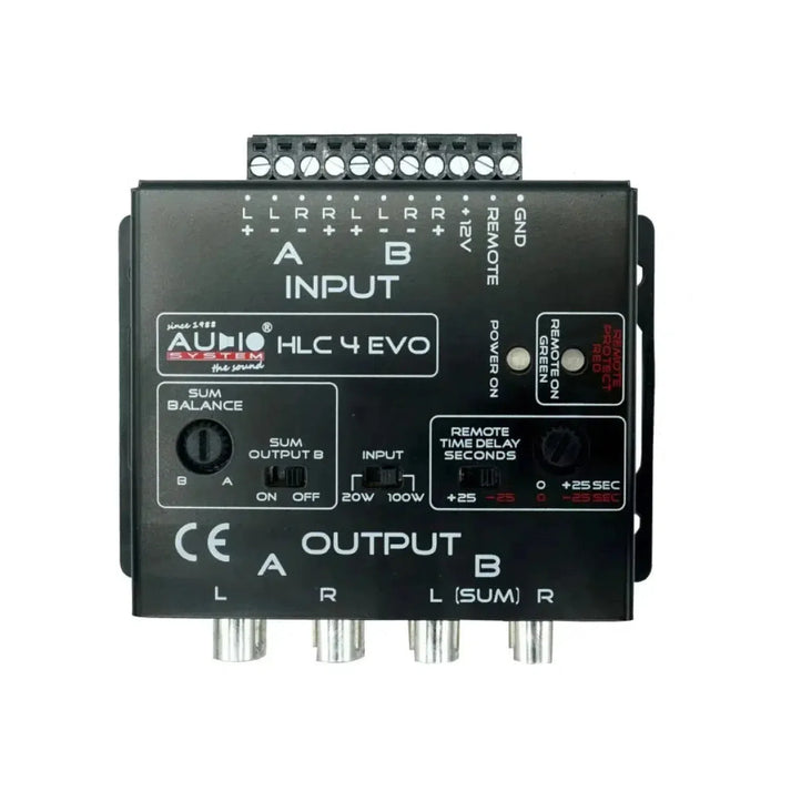 Audio System HLC4 EVO è uninterfaccia audio nera con porte e controlli multipli, progettata per sistemi audio o radio OEM con compatibilità High-Low Adapter.