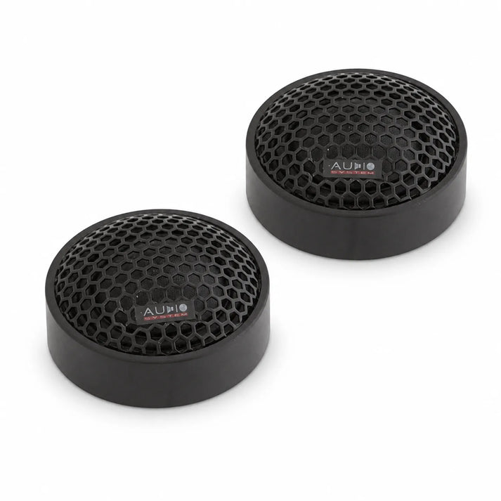 Two round black Audio System HS 19 EVO tweeters with honeycomb grilles, each marked AUDIO, shown on a white background.