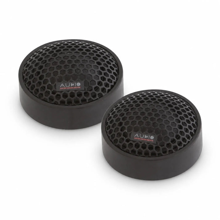 Two round black Audio System HS 24 EVO 2 car tweeters with honeycomb grilles, side by side on white, each featuring an AUDIO label on the front.