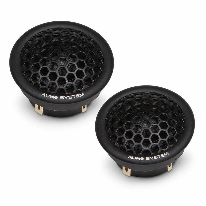 Two round black Audio System HS 25 DUST EVO car tweeters with honeycomb grilles and AUDIO SYSTEM printed on the front rims.