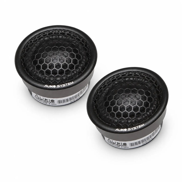 Two black Audio System HS 30 PHASE tweeters with honeycomb grilles are side by side on a white background, labeled AUDIO SYSTEM.