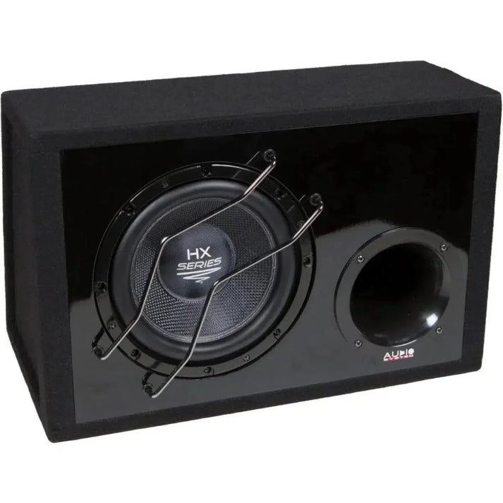 The Audio System HX 10 SQ BR is a black 10 Zoll Gehäusesubwoofer with a round speaker, metal bars, and a circular Bassreflex port on the right side.