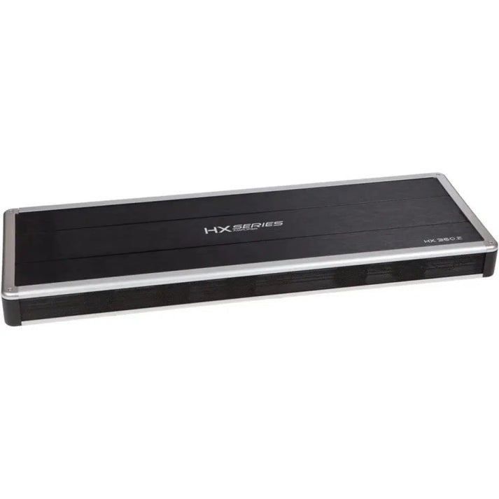 The Audio System HX-360.2 is a rectangular black component with silver trim, labeled HX Series, featuring Full-Mosfet Technologie for enhanced performance.