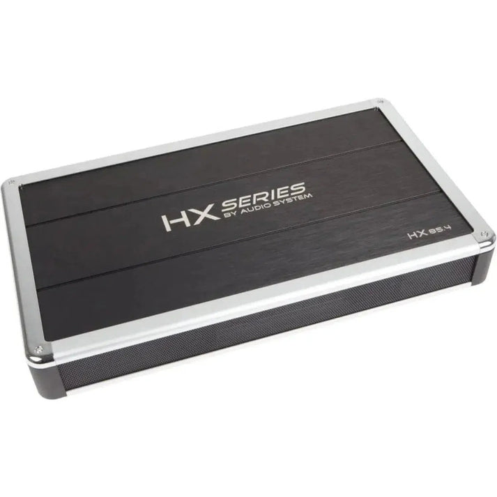 Rectangular black and silver HX-85.4 4-channel amplifier by Audio System, featuring Full-Mosfet technology for superior audio quality.