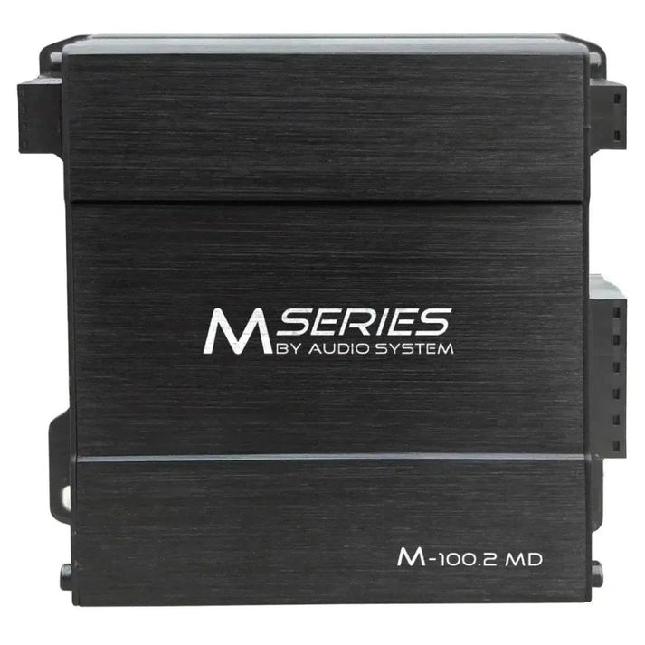 Black rectangular Audio System M-100.2 MD amplifier, M Series, with Class-D 2-channel Verstärker design shown from above.