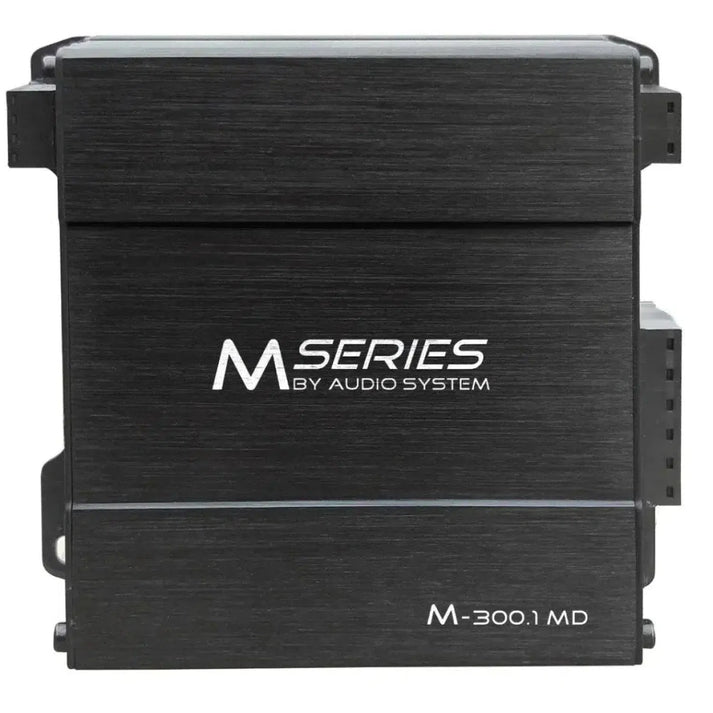 The Audio System M-300.1 MD is a black, rectangular 1-channel Class-D amplifier from the M Series.