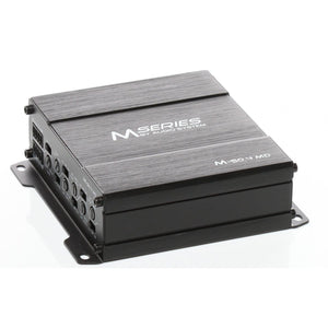 Un amplificatore Audio System M-500.4 MD rettangolare nero con tecnologia SMD e porte di ingresso/uscita multiple laterali, etichettato M SERIES BY AUDIO SYSTEM.