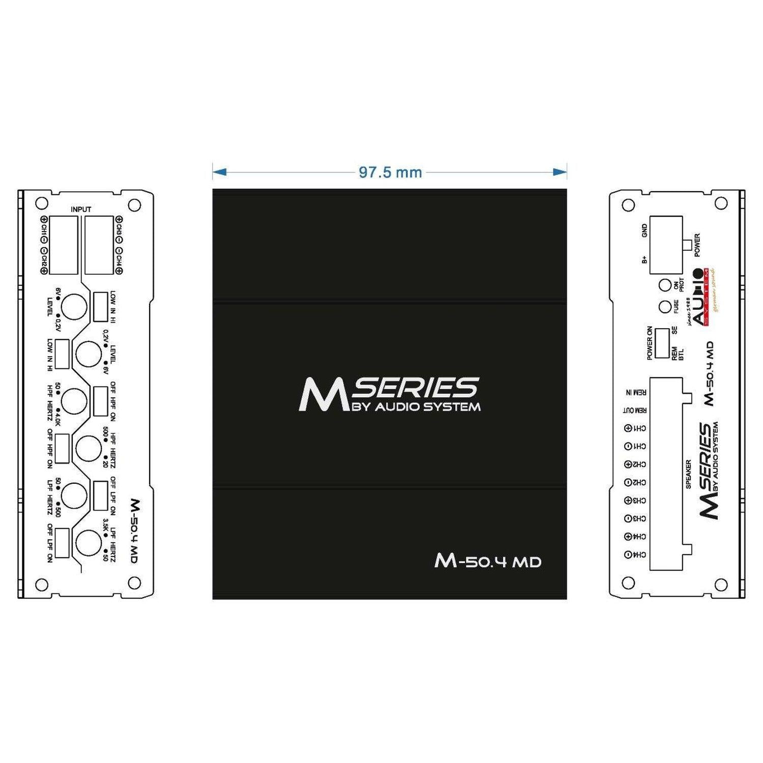 Schema tecnico dellamplificatore Audio System M-500.4 MD che mostra la tecnologia SMD, le porte etichettate, le viste frontale/superiore/laterale e la larghezza di 97,5 mm.