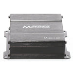 Un amplificatore Audio System M-500.4 MD rettangolare nero con tecnologia SMD e staffe di montaggio in metallo su ogni angolo.
