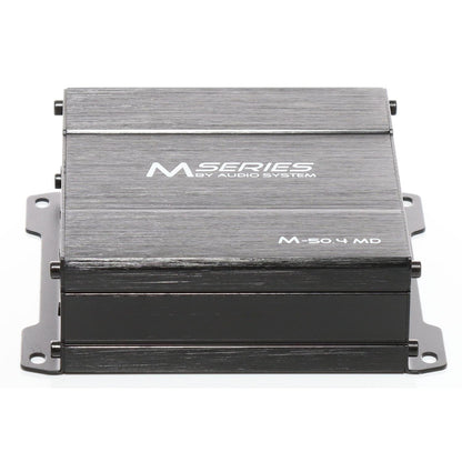 Un amplificatore Audio System M-500.4 MD rettangolare nero con tecnologia SMD e staffe di montaggio in metallo su ogni angolo.
