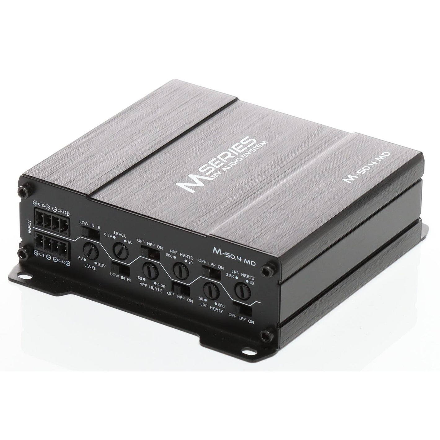 The Audio System M-600.4 MD 24V, a black M Series 4-channel amplifier with labeled controls and ports, is shown on a white background.