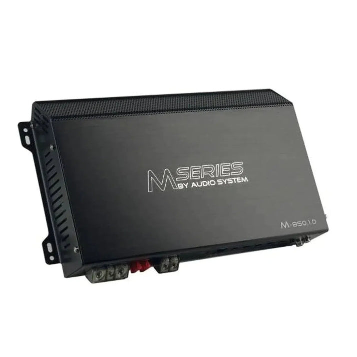 El Audio System M-850.1 D es un amplificador rectangular negro de 1 canal de la serie M con tecnología SMD y terminales en un lado.
