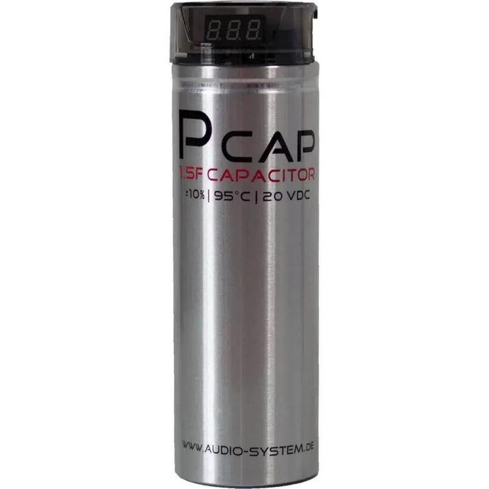 The cylindrical silver Audio System P/CAP EVO - 1,5 Farad capacitor features a digital display, 20V rating, and www.audio-system.de printed at the bottom.