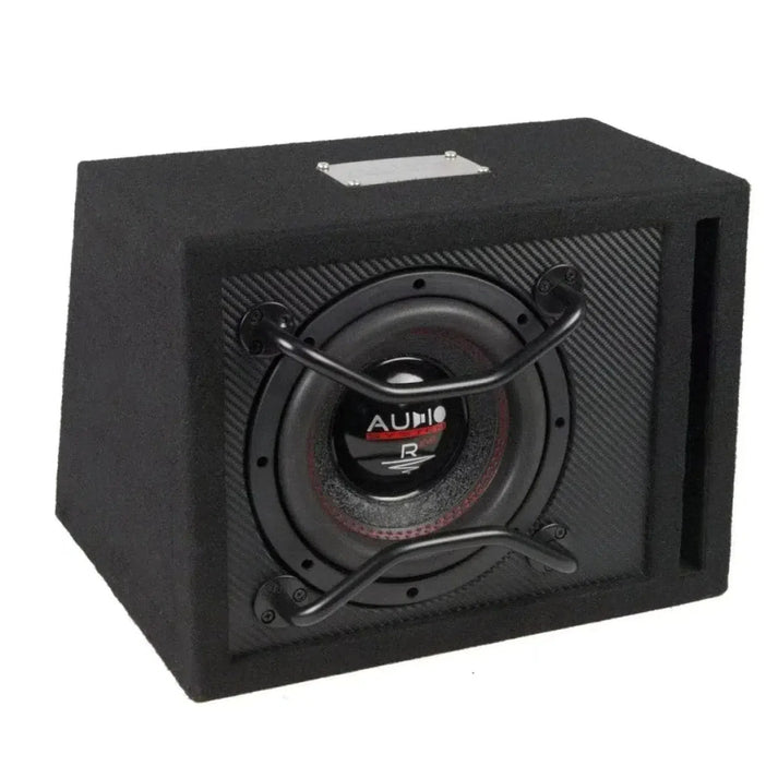 A black Audio System R 08 EVO BR 8 subwoofer in a bass reflex enclosure with metal protective bars and side vent, shown on a white background.