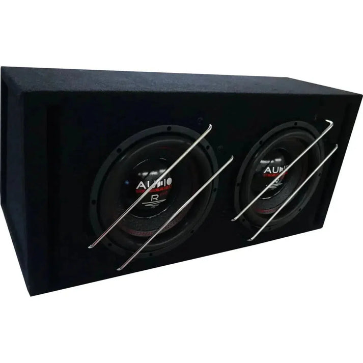 The Audio System R 10 EVO BR-2 is a black subwoofer box with two round speakers, each protected by angled metal bars on the front.