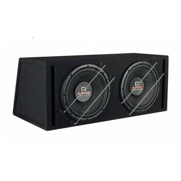 The Audio System R 12 EVO BR-2 is a black Bassreflexgehäuse subwoofer box with dual circular speakers, each guarded by crossed metal bars for boosted sound.