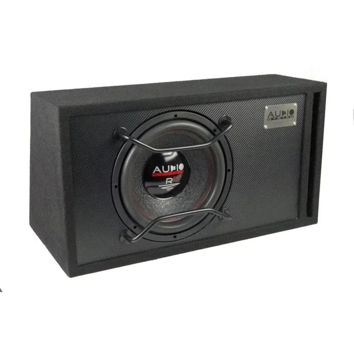 The Audio System R 12 EVO BR is a black CARBON Optik subwoofer box with a 12 woofer, metal bars, and an Audio System label on the top right corner.
