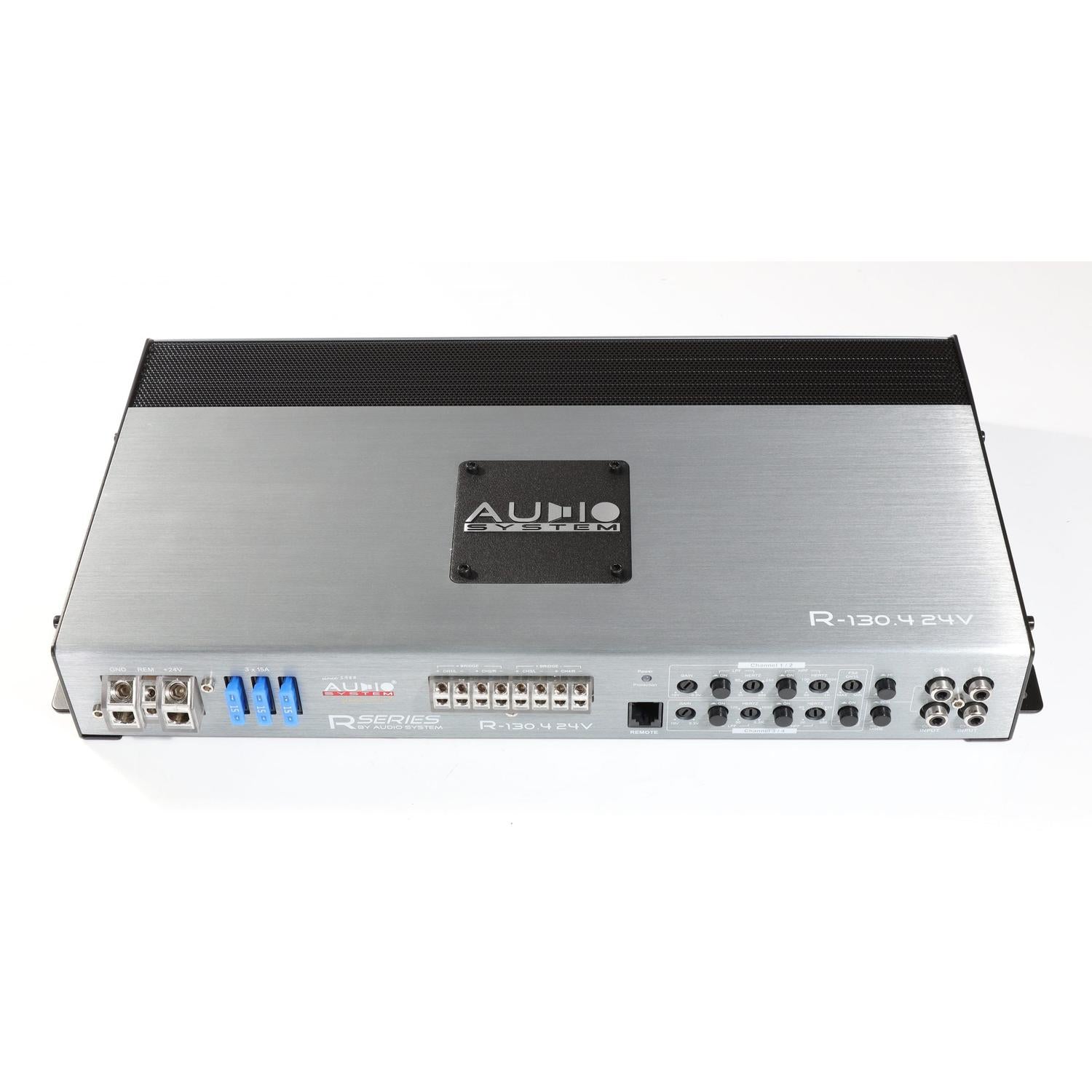The Audio System R-130.4 24V is a 24V LKW Verstärker with multiple inputs/outputs and clear labeling—ideal for trucks.