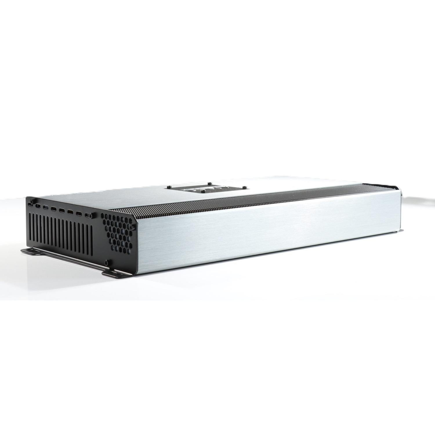A rectangular, silver and black Audio System R-130.4 24V 4-channel amplifier with vented sides is shown on a white background.