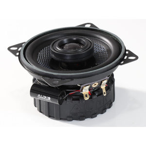 Système audio RXC100 EVO3 : haut-parleur coaxial rond noir de 4 pouces avec cône en fibre de verre, câblage apparent, série R, présenté en angle sur un fond blanc.
