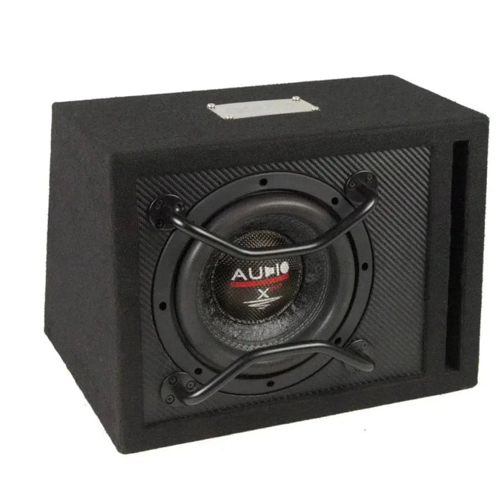 The Audio System X 08 EVO BR is a black rectangular bass reflex subwoofer with an 8 cone, metal grille, and AUDIO X branding.