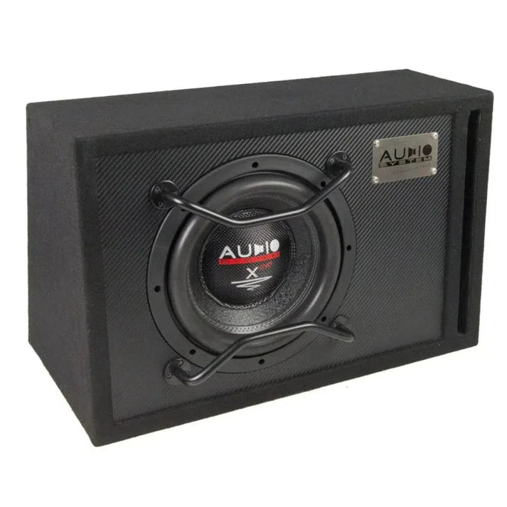 The Audio System X 10 EVO BR is a black 10” subwoofer in a rectangular bass reflex enclosure with a metal grille and metallic label on the top right.