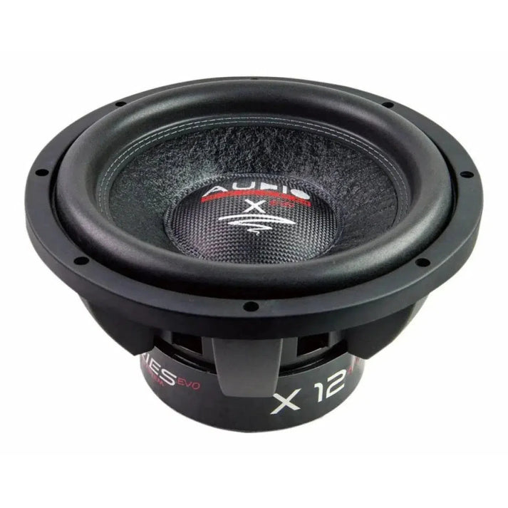 A black Audio System X 12 EVO subwoofer features a textured cone, thick rubber edge, and sturdy frame from the X-ION-SERIES EVO.