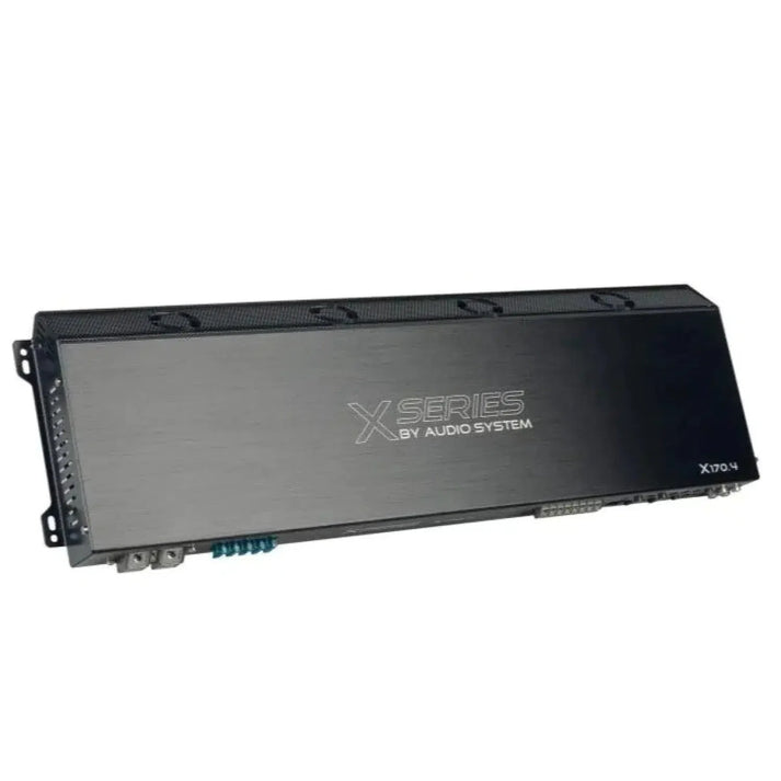The Audio System X-170.4 is a black rectangular 4-channel amplifier with FULL-MOSFET technology, top vents, side terminals, and labeled X SERIES BY AUDIO SYSTEM.