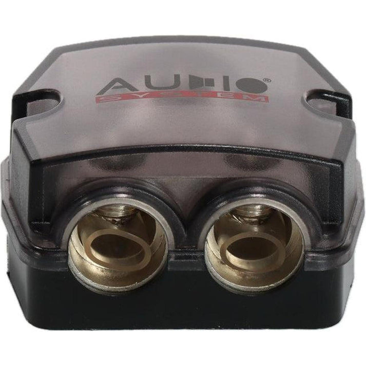 The Audio System Z-DB 1-2 HC is a black and translucent fuse holder with two gold-plated terminals, labeled AUDIO SYSTEM—perfect as a Stromverteiler.