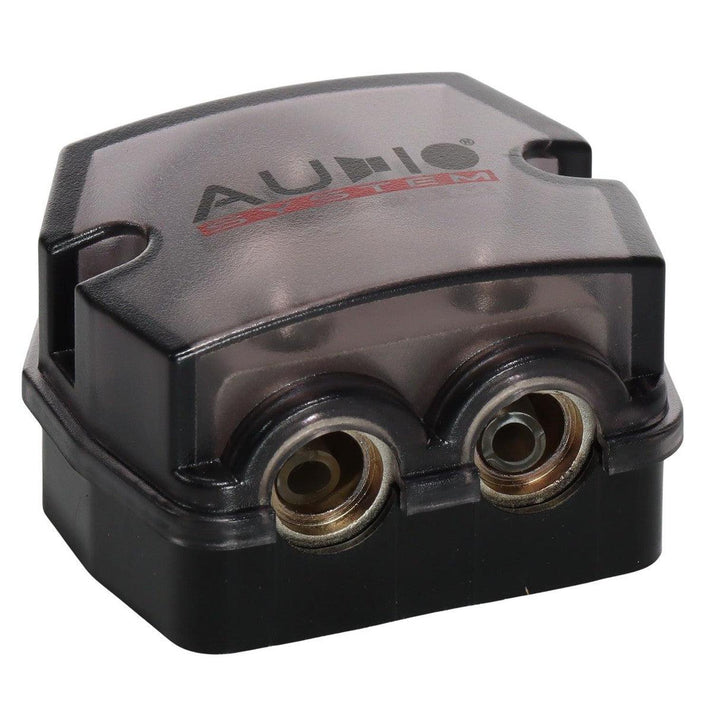 The Z-DB 1-2 by Audio System is a black and translucent power distribution block with two metal terminals and AUDIO branding on top.