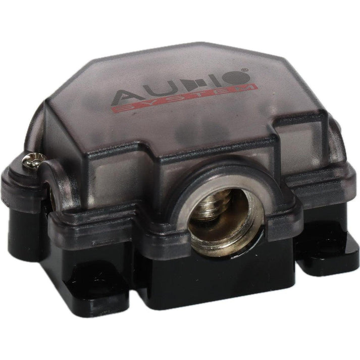 The Audio System Z-DB 1-5 is a black and transparent fuse holder with a metallic connector, ideal as a Stromverteiler for your setup.