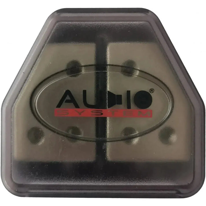 The Audio System Z-DBG 1-2 is a black and gray hexagonal fuse holder with a transparent cover, featuring the AUDIO SYSTEM logo on the front.