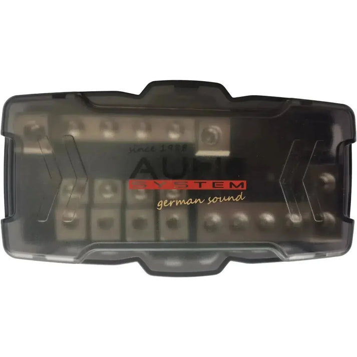 Rectangular black and transparent Z-FDBG 2-4 / Z-DB 9 Sicherungshalter by Audio System with visible metal terminals, for Mini-ANL Sicherungen.