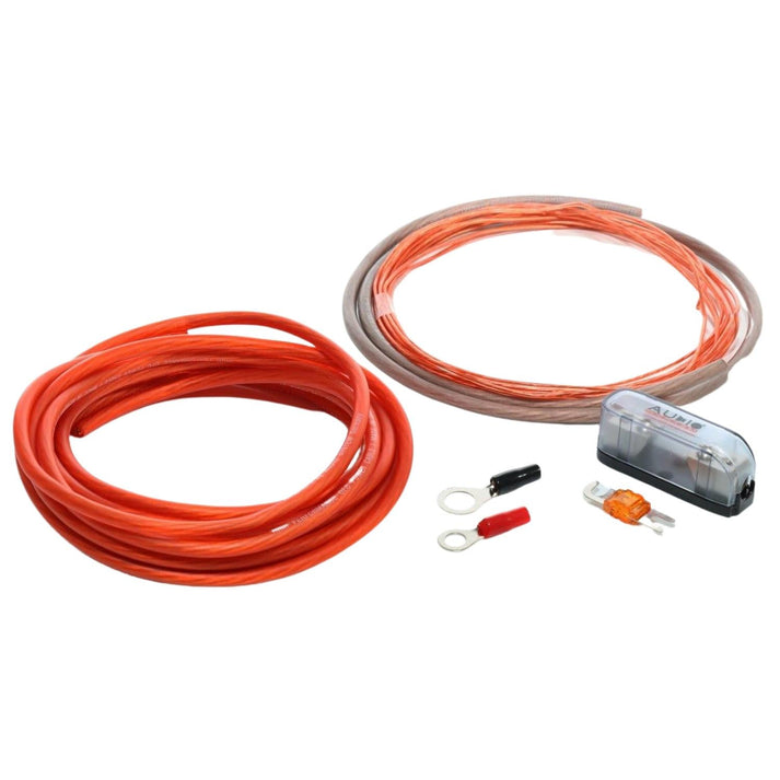 Two Audio System Z-PCS 10 10mm² bis 600W cables, a fuse holder with fuse, and two ring terminals are shown on a white background.