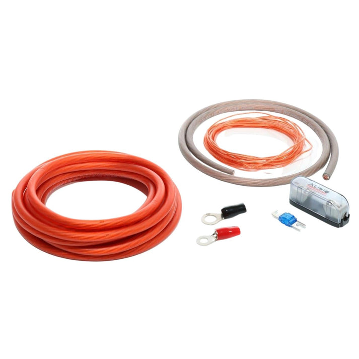 Das Audio System Z-PCS 20 20mm² Kabelset für bis zu 800W enthält OFC-Kupferkabel in Rot und Grau, Sicherungshalter mit Sicherung, Ringklemmen, schwarz/rot abgedeckt.