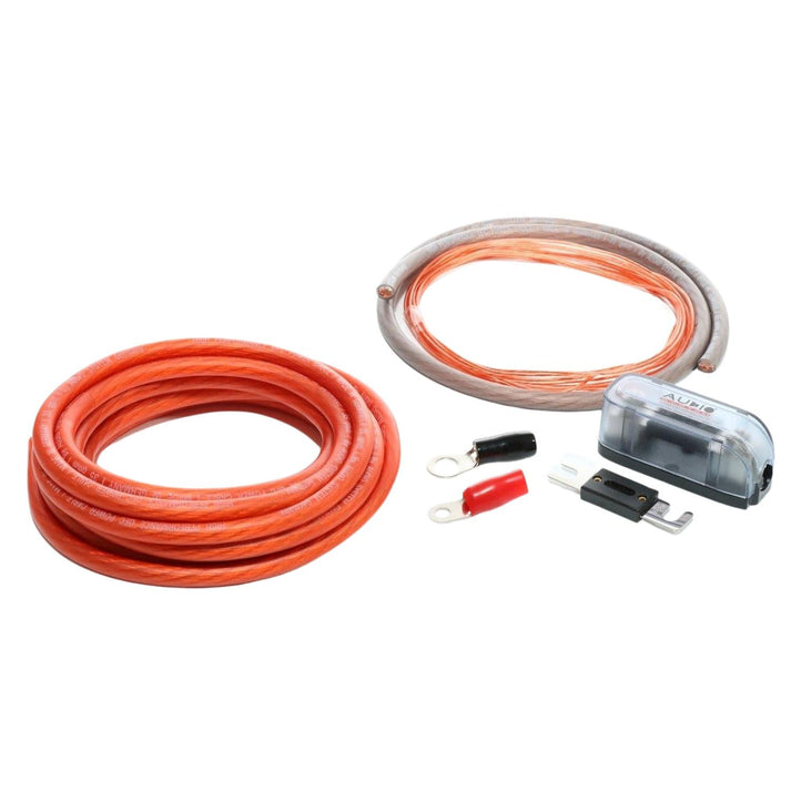 Coiled red and clear OFC copper cables, a fuse holder with fuse, and two ring terminals—this is the Audio System Z-PCS 35 35mm² bis 1800W set on a white background.