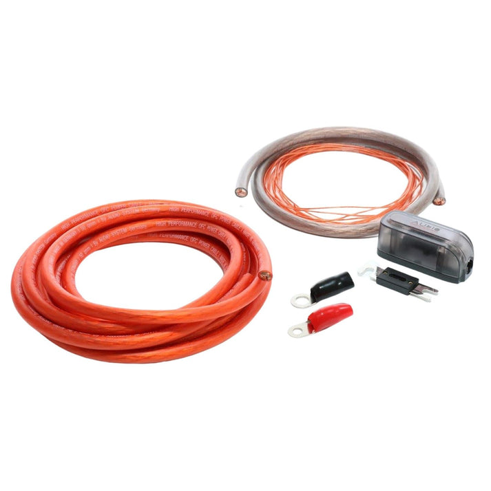 Two coils of Z-PCS 50 50mm² bis 2500W OFC copper cable by Audio System, with ANL fuse and two terminal connectors on a white background.