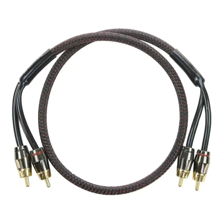 The Audio System Z-PRO 0.25 is a braided Stereo-Cinchkabel with OFC copper, gold-plated connectors, and black/red markings on each end, coiled in a circle.