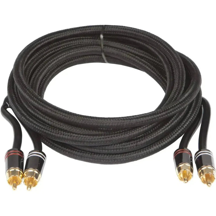 The Audio System Z-PRO 1.5 is a coiled black stereo cable with gold-plated copper plugs, featuring red and white rings on its dual connectors at each end.