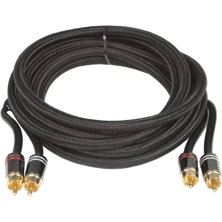 The Audio System Z-PRO 5.0 is a coiled black audio cable with four gold-plated RCA connectors, OFC copper, and black/red ID bands.