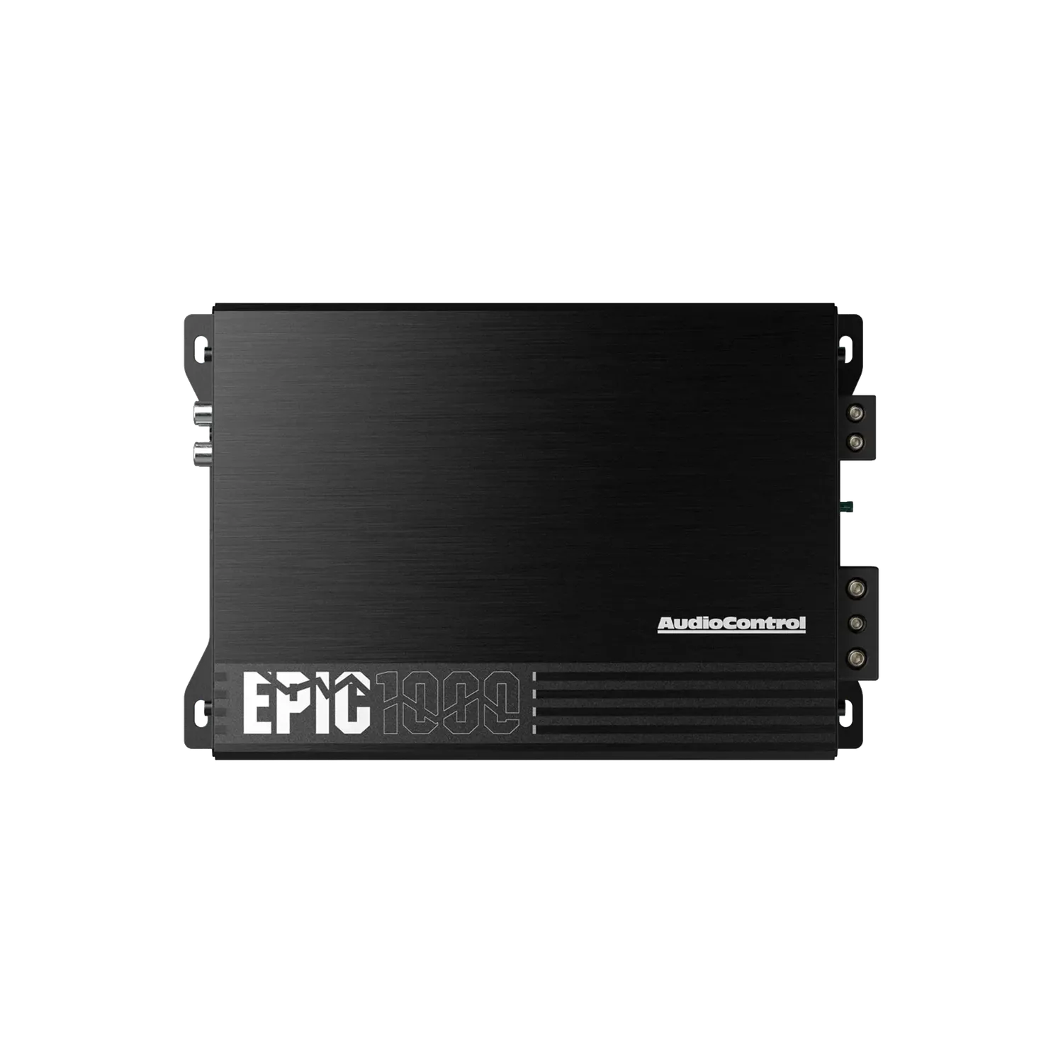 Zwarte Audiocontrol EPIC1000 1-kanaals versterker van bovenaf gezien, met merkopdruk, modelnaam en aansluitpoorten op de rechter- en linkerrand.