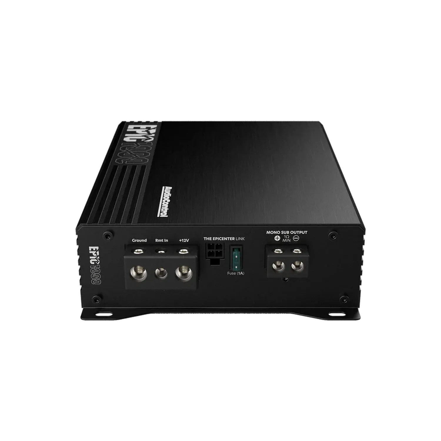 De Audiocontrol EPIC1000 1-kanaals versterker in zwart heeft aarding, afstandsbediening, +12V en mono subuitgangen, weergegeven op een effen witte achtergrond.
