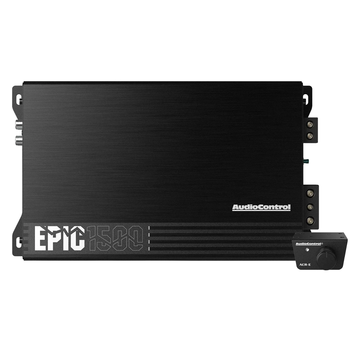 LAudiocontrol EPIC1500 1-Kanal Verstärker in Schwarz è dotato di finitura metallica, logo in grigio, Bass-Prozessor Epicenter e Fernbedienungsknopf in basso.