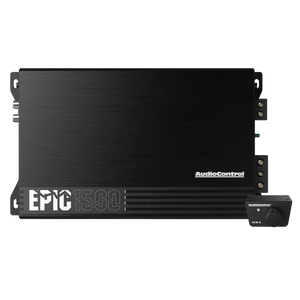 El Audiocontrol EPIC1500 1-Kanal Verstärker in Schwarz bietet gebürstetes Metall-Finish, weißes Logo, Epicenter Bass-Prozessor und Fernbedienungsknopf rechts.
