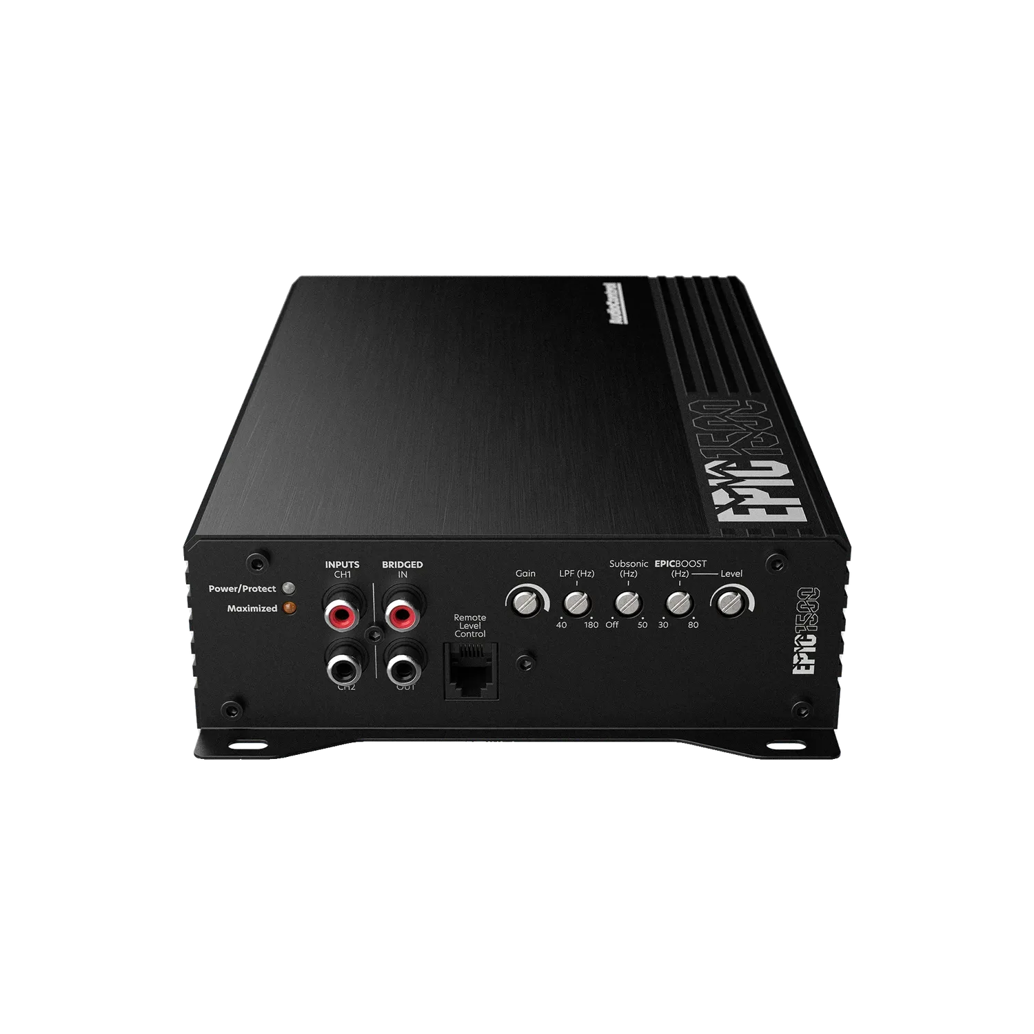 LAudiocontrol EPIC1500 è un amplificatore audio per auto di forma rettangolare di colore nero con porte, manopole di controllo e spie luminose, in grado di erogare 1500W RMS con Bass-Prozessor Epicenter e Verstärker a 1 canale.