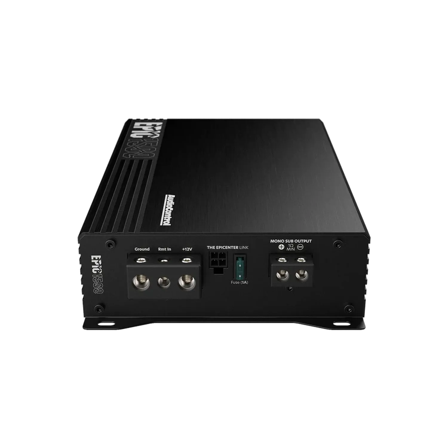 LAudiocontrol EPIC1500 è un amplificatore rettangolare nero a 1 canale da 1500 W RMS; la vista frontale mostra i terminali di ingresso/uscita e i controlli del processore per bassi Epicenter.