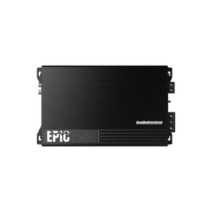 Un amplificador de coche Audiocontrol EPIC1500 1-Kanal negro con la marca y el número de modelo sobre un fondo blanco liso.