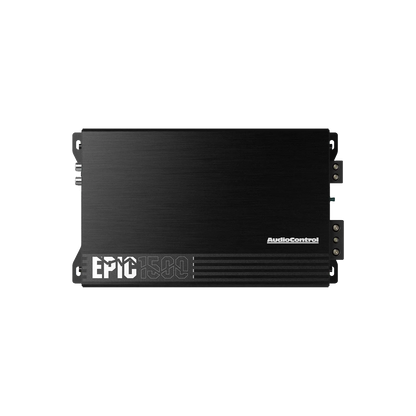 Un amplificatore per auto Audiocontrol EPIC1500 1-Kanal di colore nero con marchio e numero di modello su sfondo bianco.